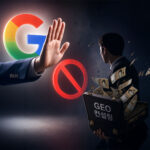 구글 로고 앞에서 멈춤(Stop) 손짓을 하는 정장 입은 사람의 손과, ‘GEO 컨설팅’이라고 적힌 서류가방에서 5만 원권 지폐가 날리는 모습을 바라보는 남성의 뒷모습. 구글의 GEO 관련 제재나 주의를 표현한 일러스트.