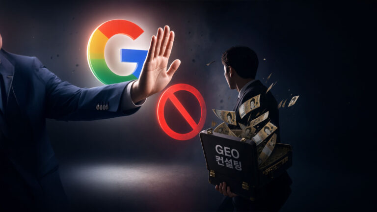 구글 로고 앞에서 멈춤(Stop) 손짓을 하는 정장 입은 사람의 손과, ‘GEO 컨설팅’이라고 적힌 서류가방에서 5만 원권 지폐가 날리는 모습을 바라보는 남성의 뒷모습. 구글의 GEO 관련 제재나 주의를 표현한 일러스트.